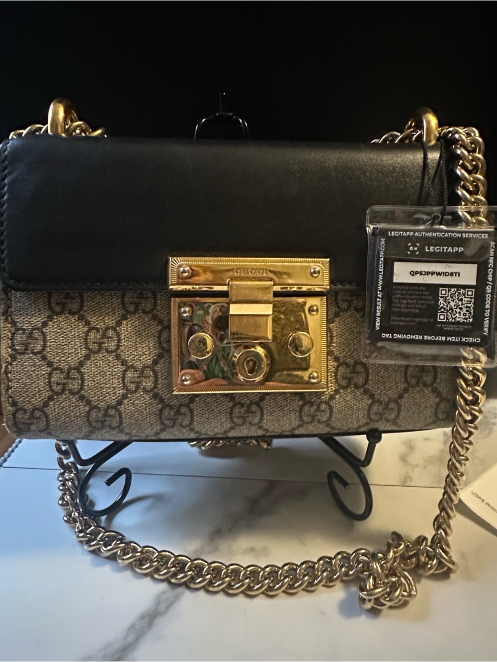 Gucci Small GG Supreme Canvas Shoulder Bag with Gold Chain Strap